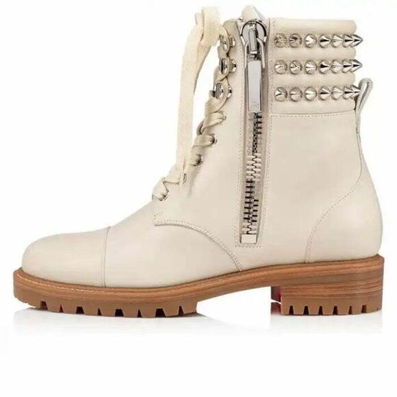 Christian Louboutin Winter Spikes Flat White Calf Leather Combat Ankle Boot 37 - Picture 7 of 9